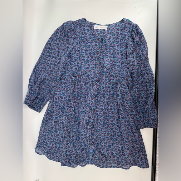 Zara Other - Zara Long Sleeve Sheer Blue Dress Woth Pink And Tan Flowers , size 7